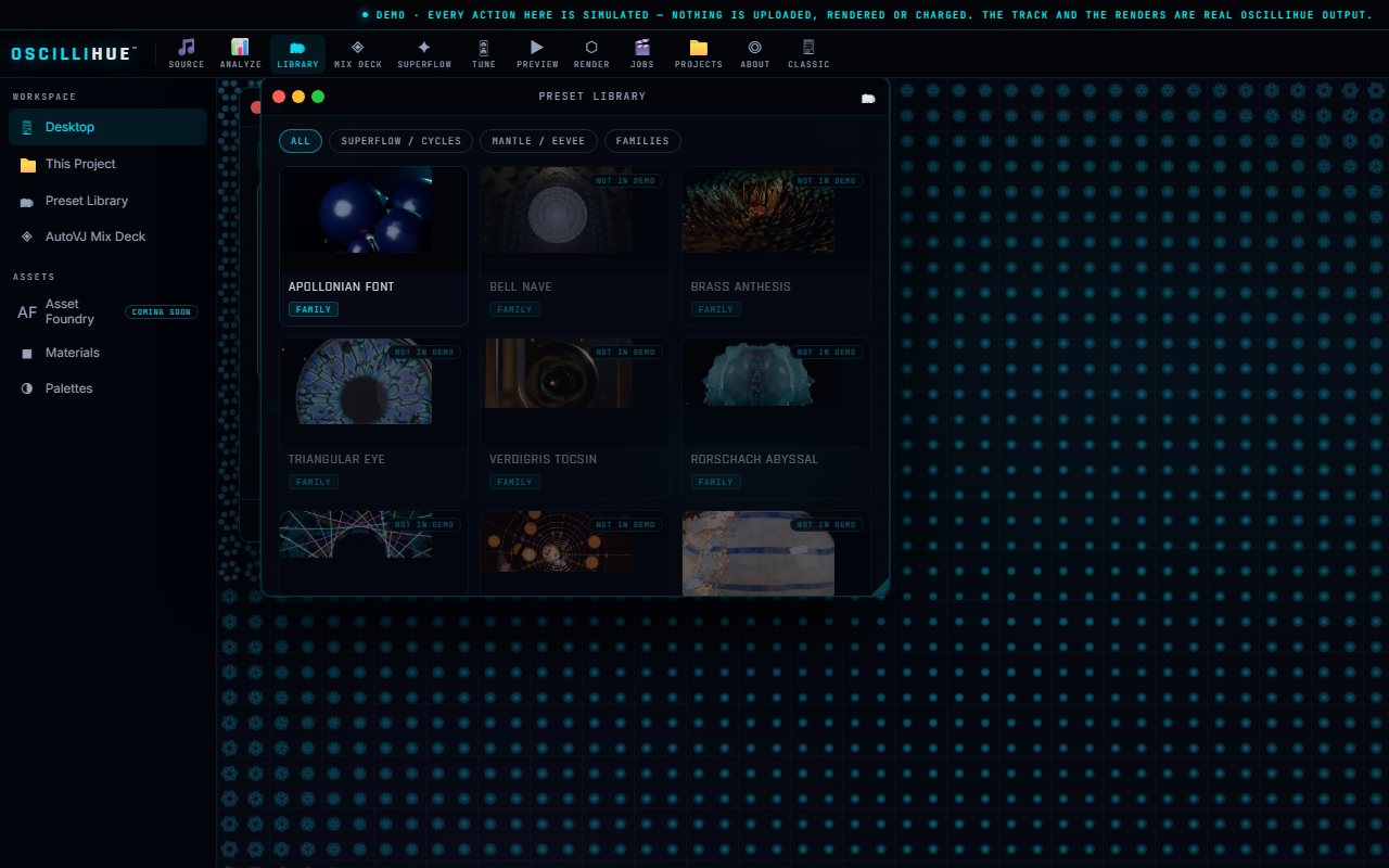 The Oscillihue live demo: the Studio with the demo track analyzed and the Preset Library open